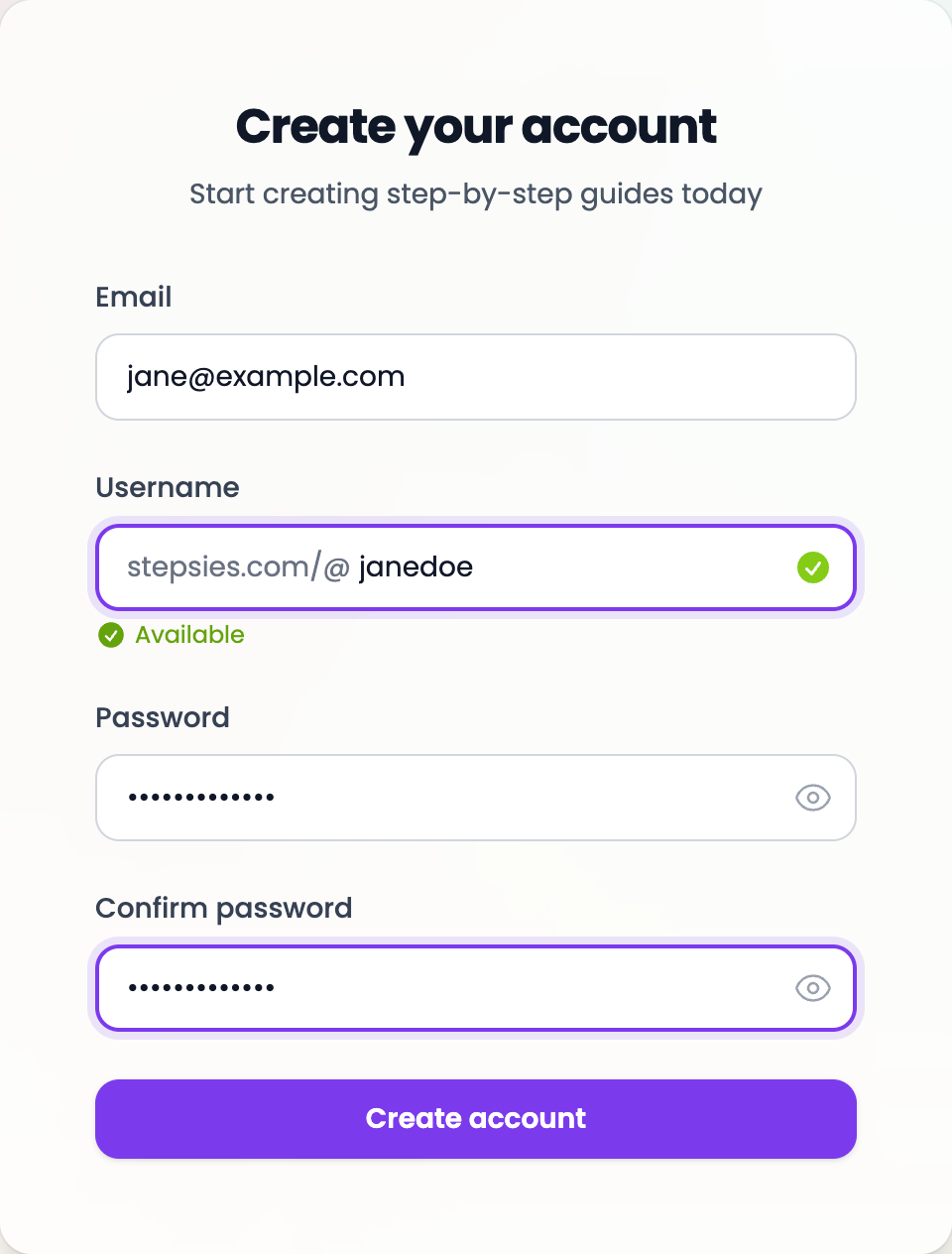 Stepsies signup form showing email, username, and password fields