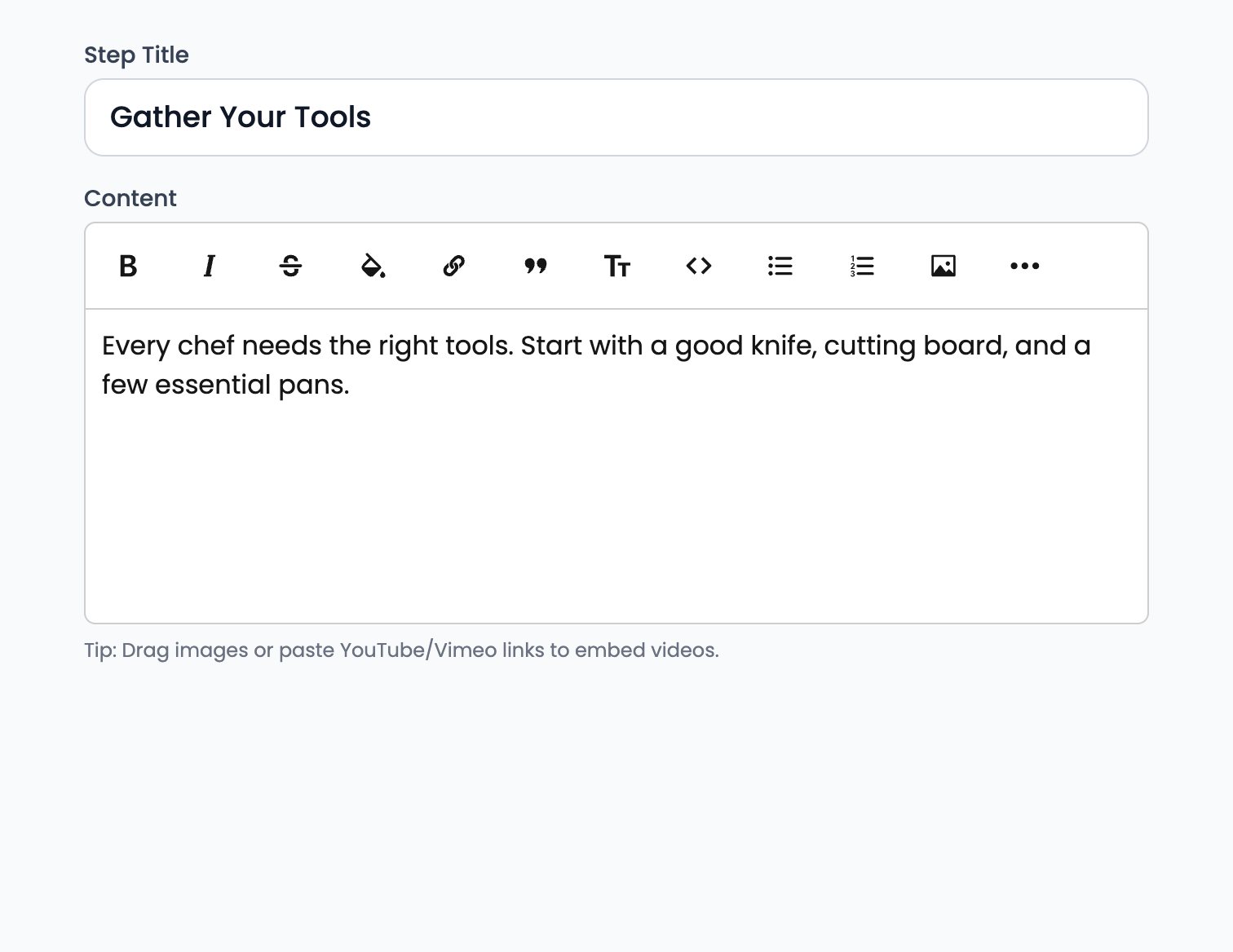 Step editor showing title and content fields with formatting toolbar