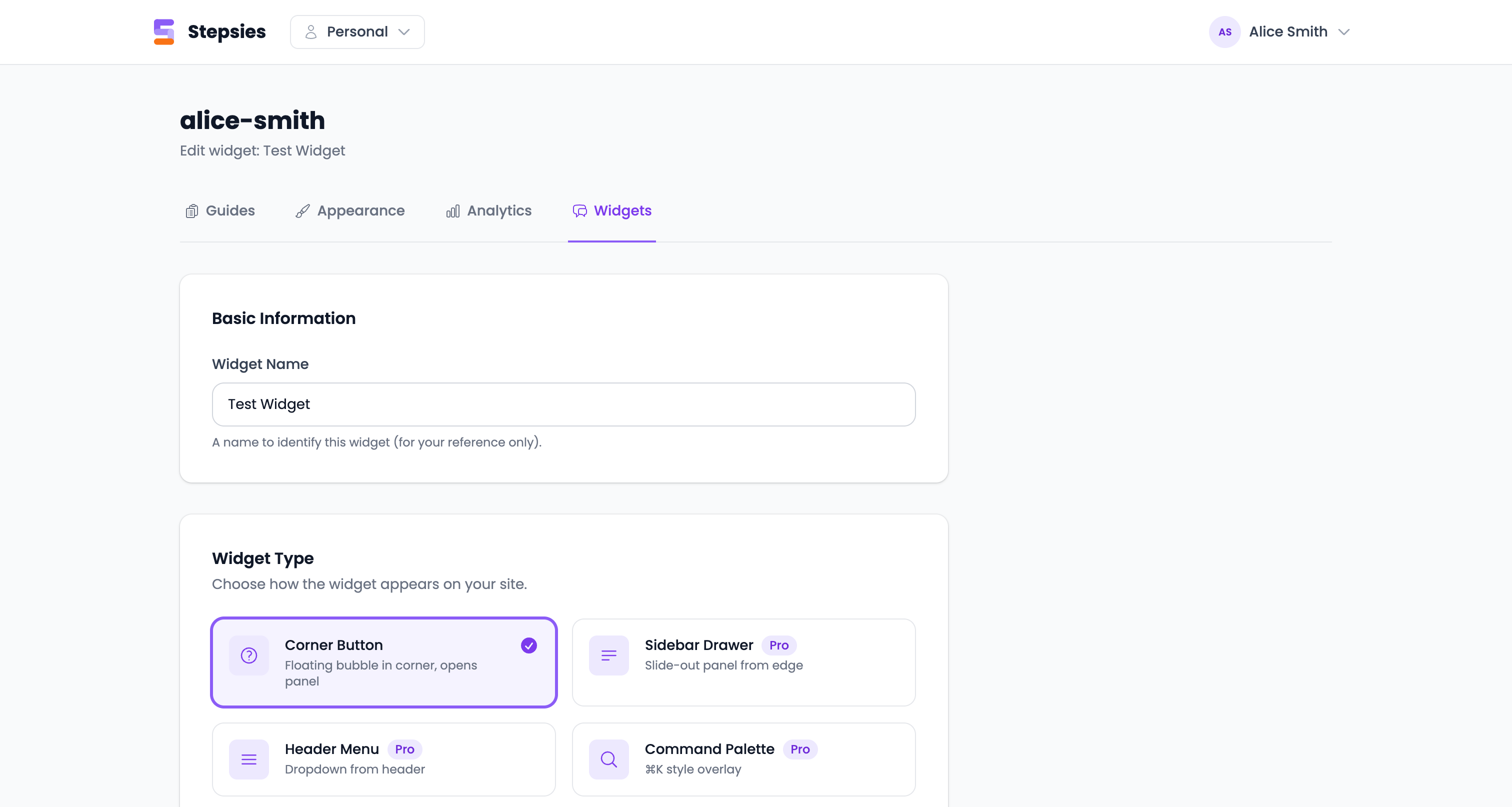 Widget configuration form showing name, type, appearance and embed code options