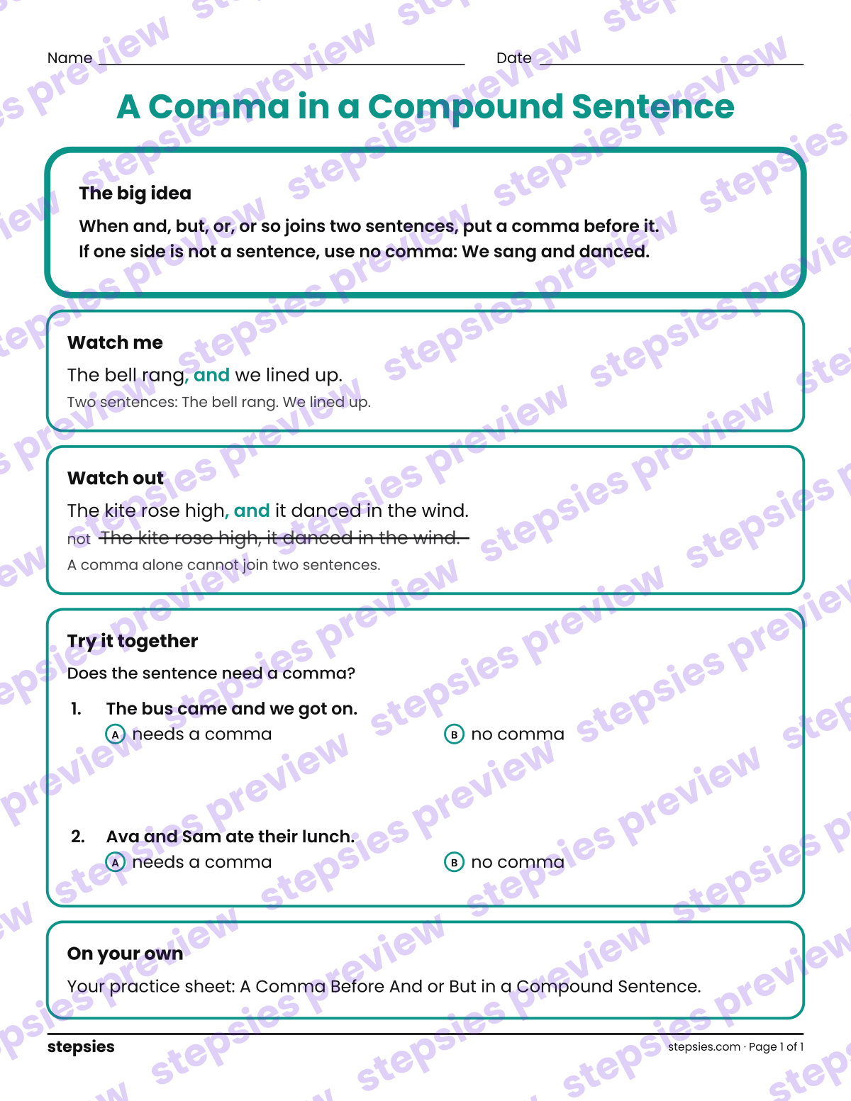A Comma in a Compound Sentence: a printable Grades 3–5 teaching handout