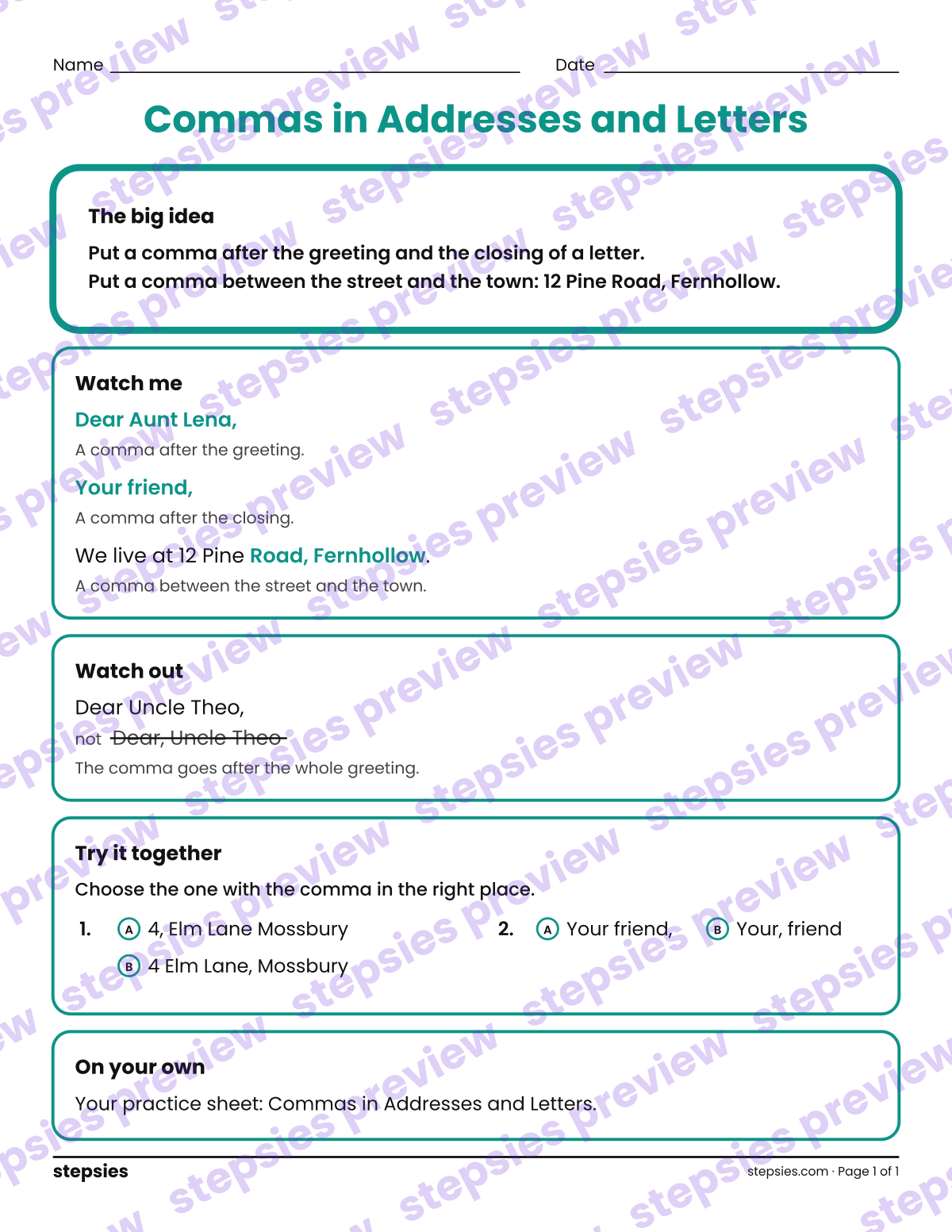 Commas in Addresses and Letters: a printable Grades 2 and 3 teaching handout