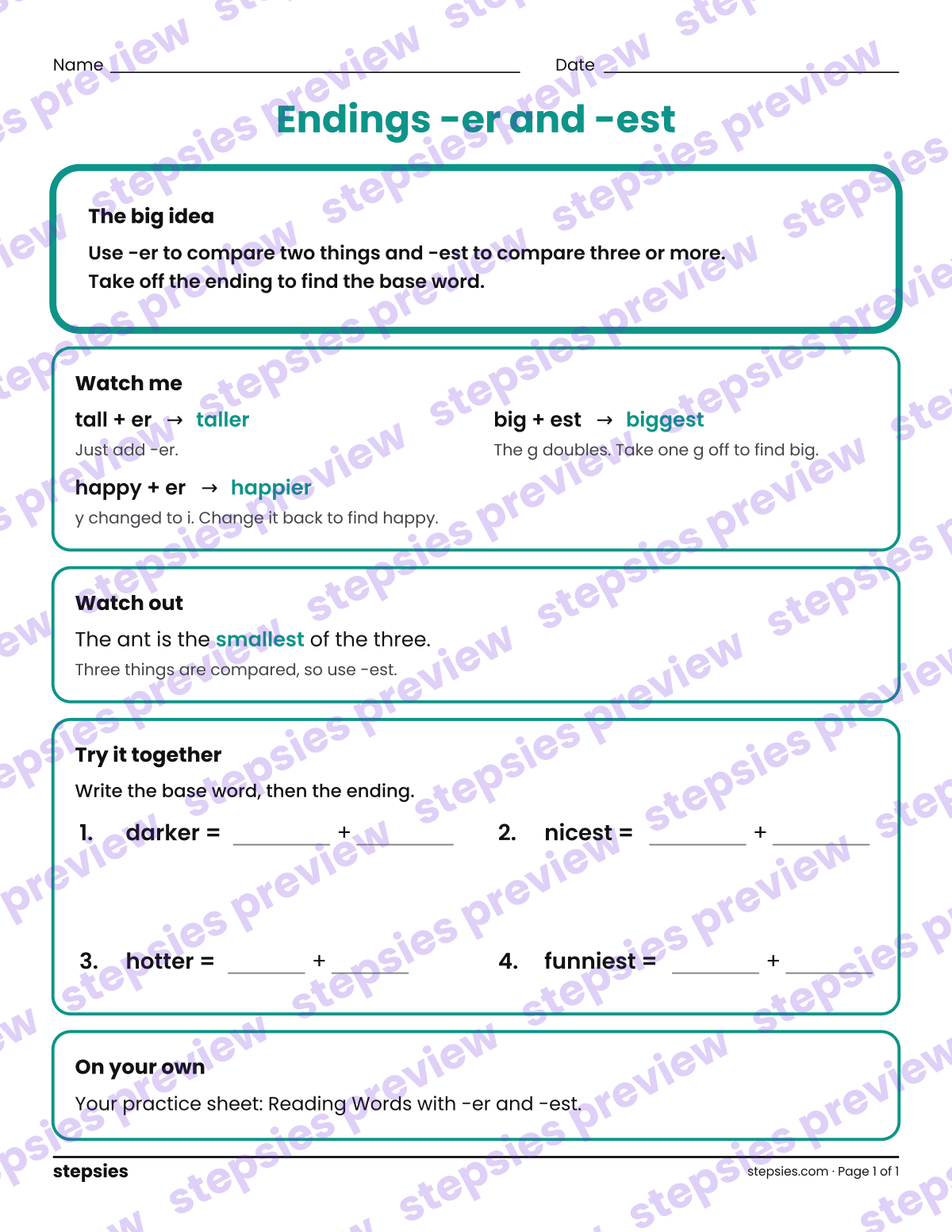 Endings -er and -est: a printable Grades 1 and 2 teaching handout
