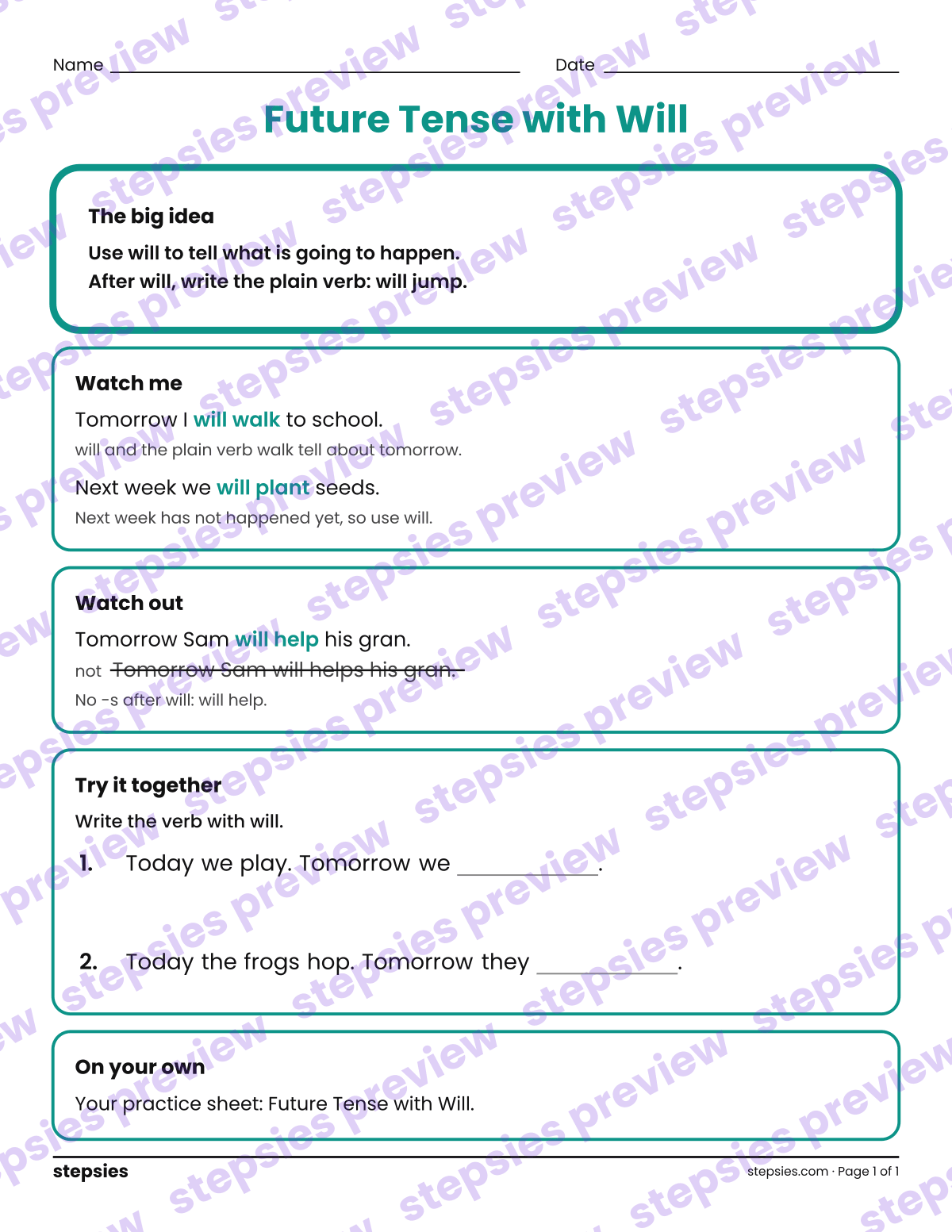 Future Tense with Will: a printable Grades 1 and 2 teaching handout