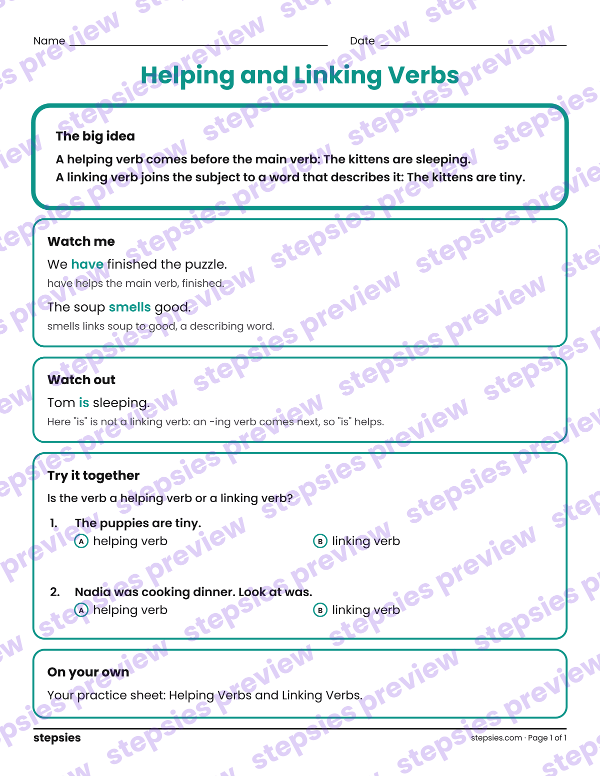 Helping and Linking Verbs: a printable Grade 3 teaching handout