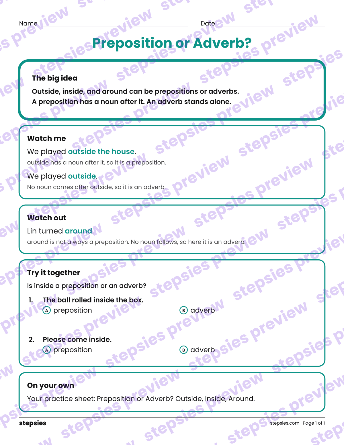 Preposition or Adverb?: a printable Grades 3 and 4 teaching handout