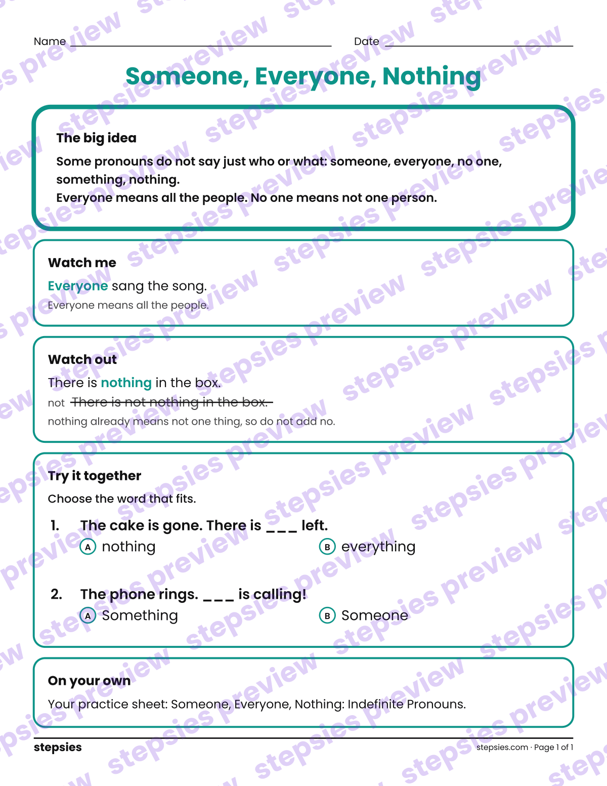 Someone, Everyone, Nothing: a printable Grade 1 teaching handout