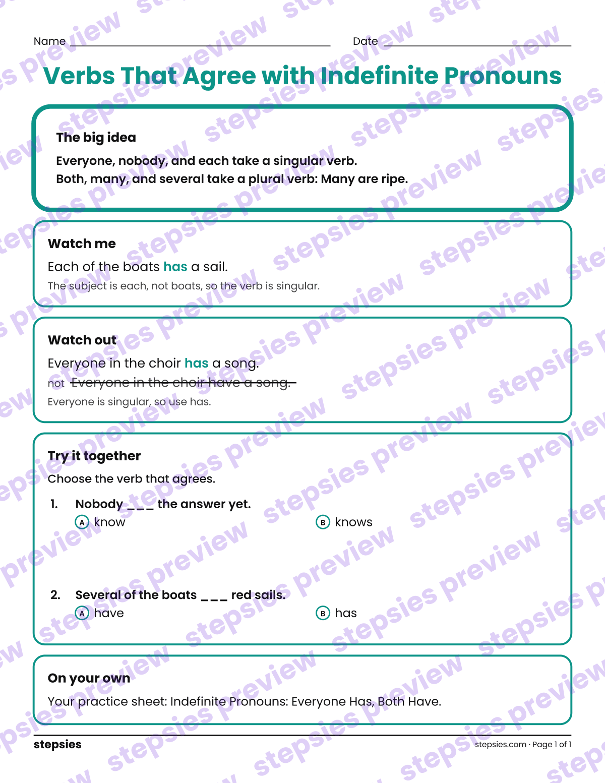 Verbs That Agree with Indefinite Pronouns: a printable Grade 5 teaching handout