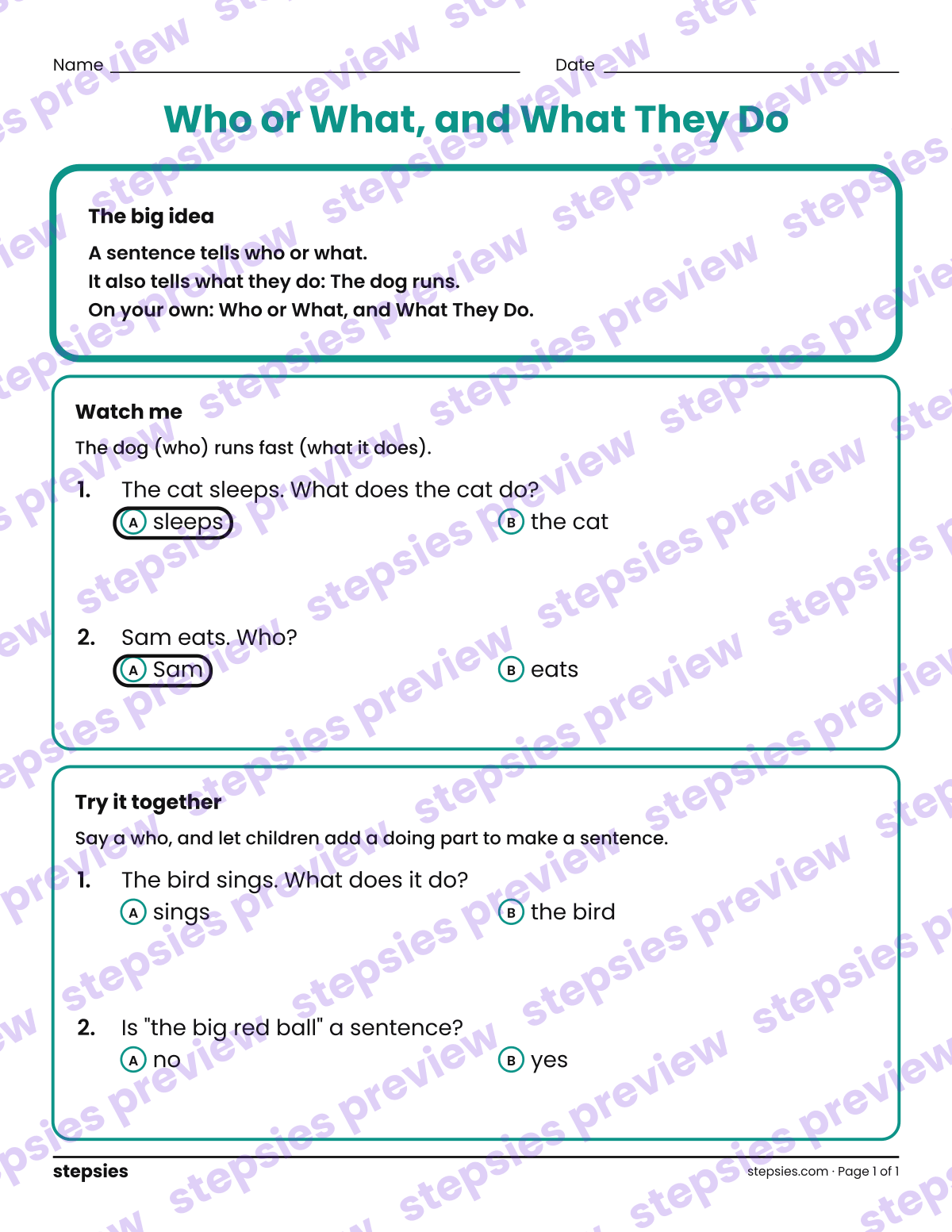 Who or What, and What They Do: a printable Kindergarten teaching handout