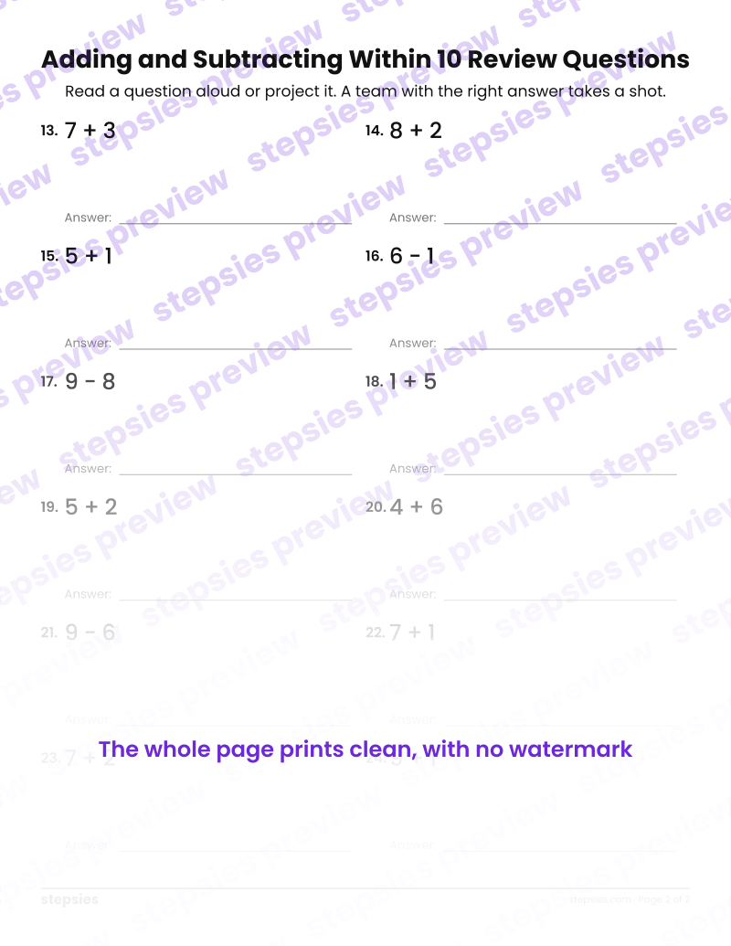 Adding and Subtracting Within 10: Trashketball Review Questions: page 2