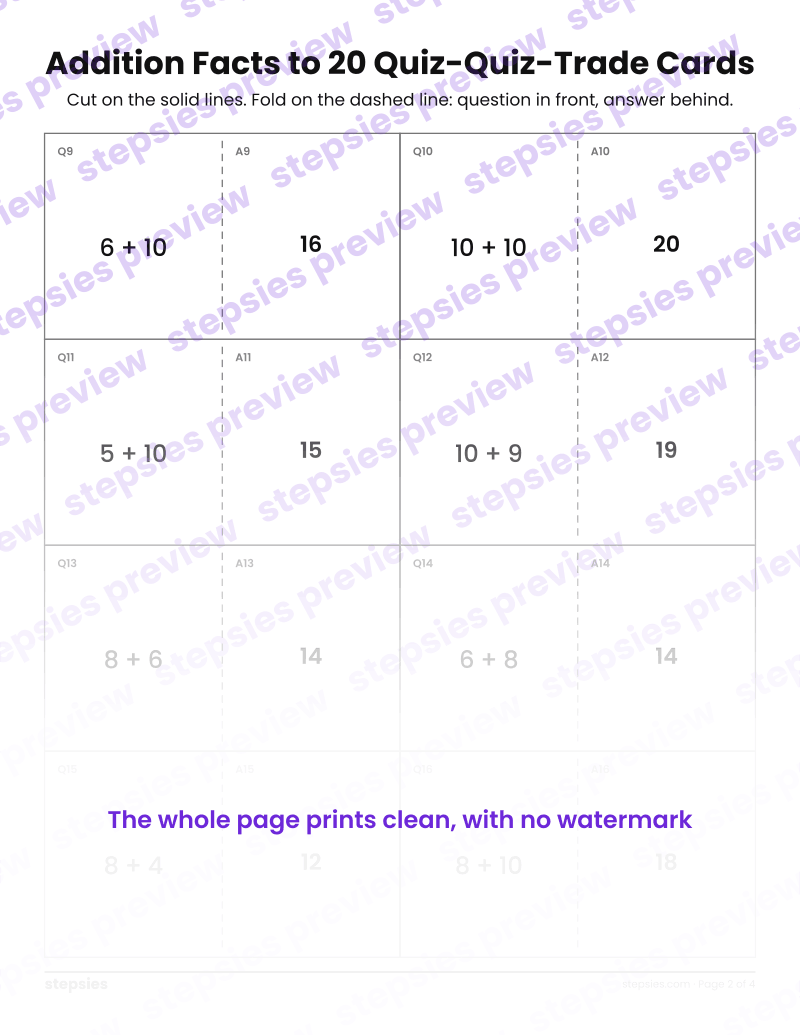 Addition Facts to 20: Quiz-Quiz-Trade Cards: page 2