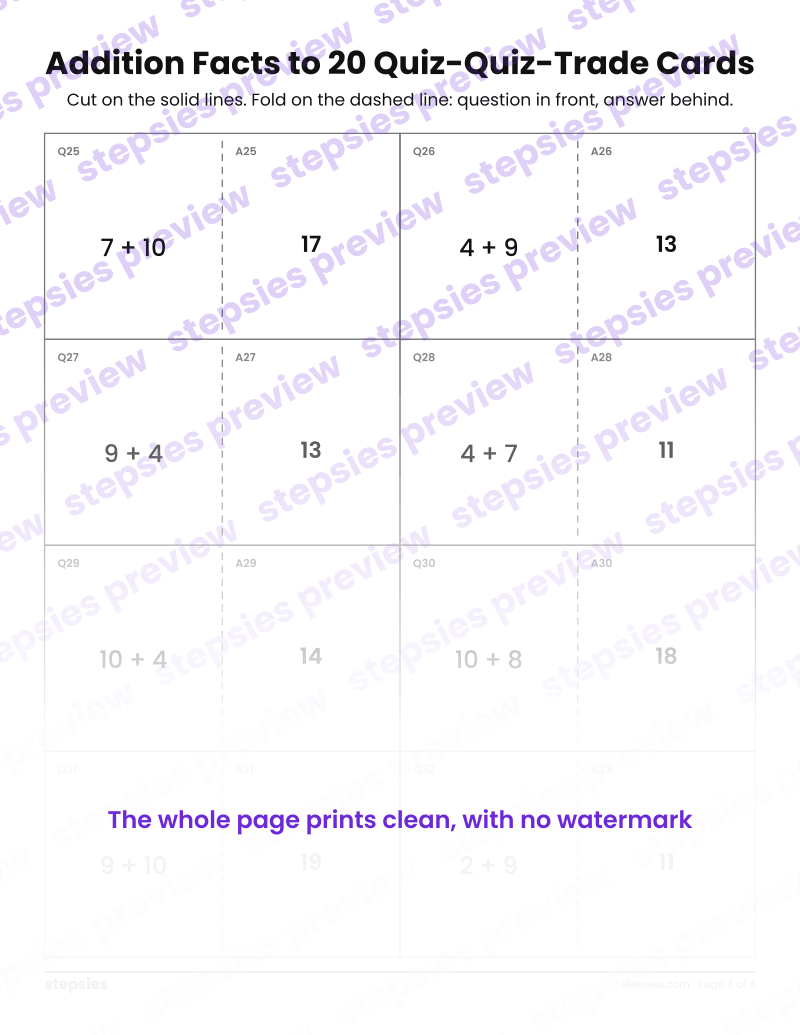 Addition Facts to 20: Quiz-Quiz-Trade Cards: page 4
