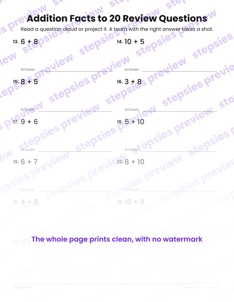 Addition Facts to 20: Trashketball Review Questions: page 2