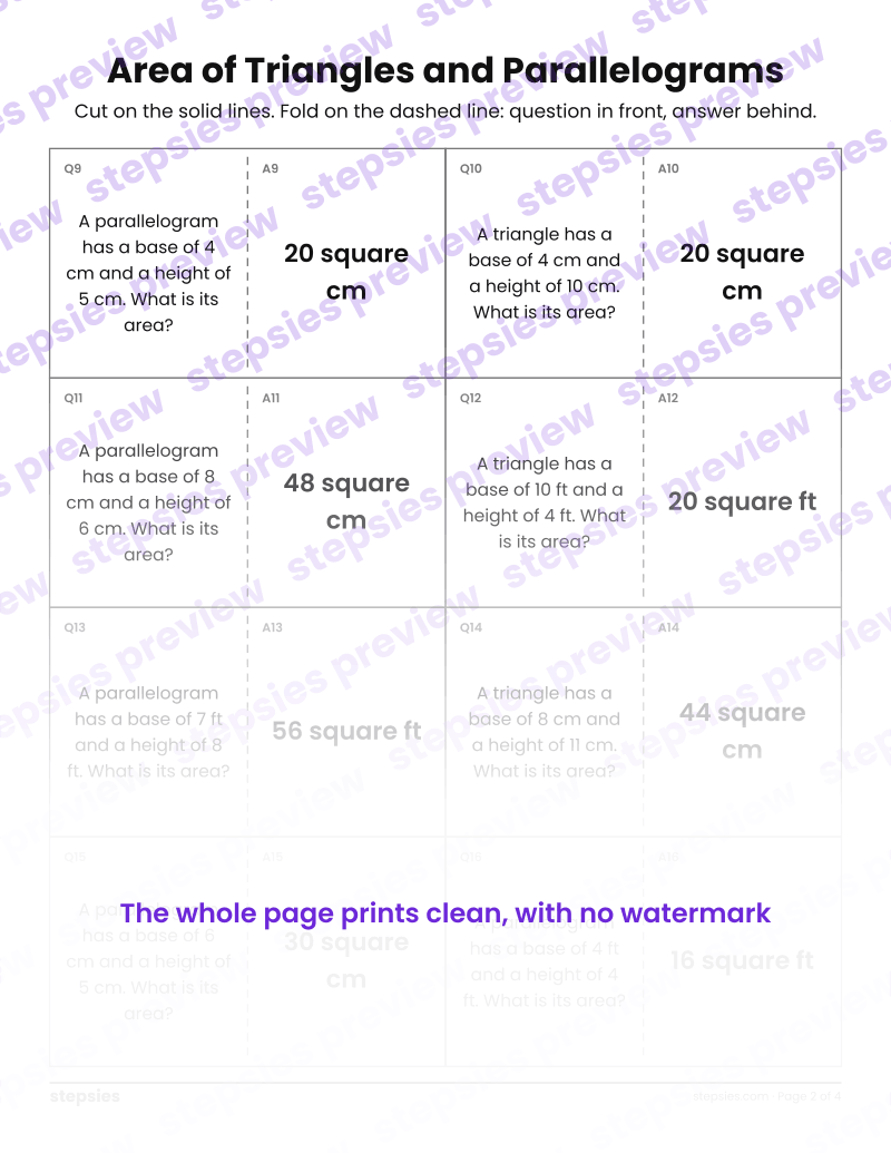 Area of Triangles and Parallelograms: Quiz-Quiz-Trade Cards: page 2