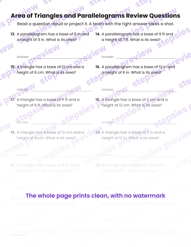 Area of Triangles and Parallelograms: Trashketball Review Questions: page 2