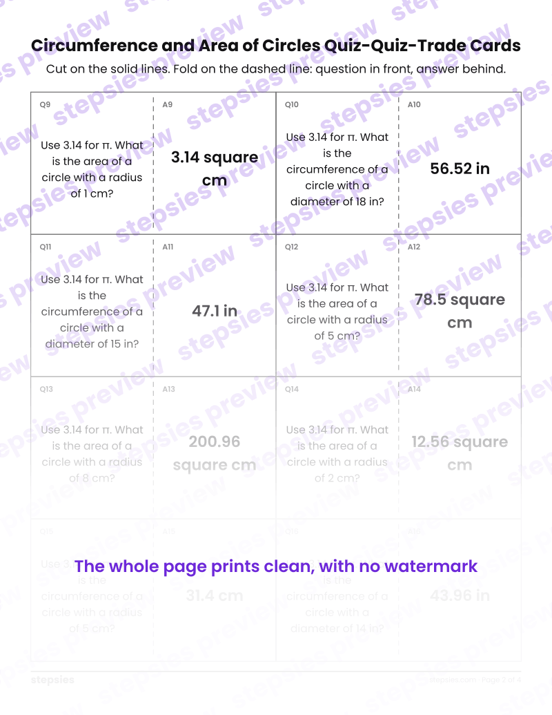 Circumference and Area of Circles: Quiz-Quiz-Trade Cards: page 2