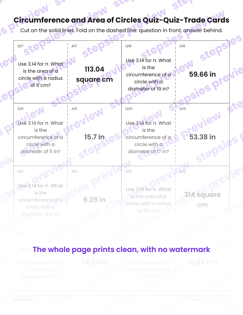 Circumference and Area of Circles: Quiz-Quiz-Trade Cards: page 3