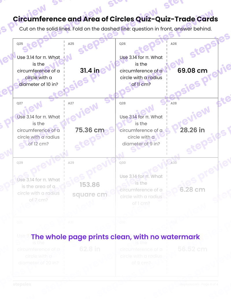 Circumference and Area of Circles: Quiz-Quiz-Trade Cards: page 4
