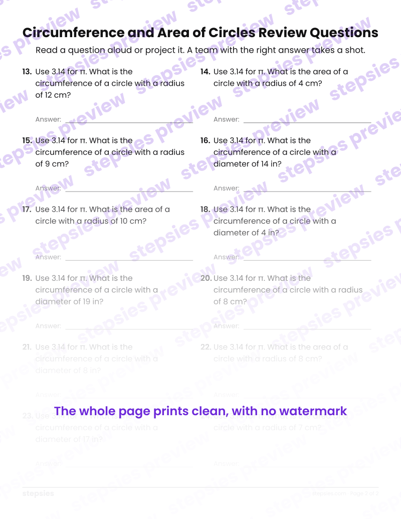 Circumference and Area of Circles: Trashketball Review Questions: page 2