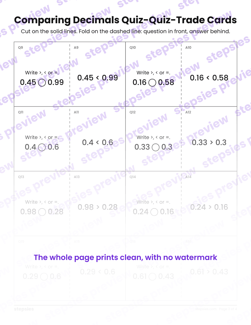 Comparing Decimals: Quiz-Quiz-Trade Cards: page 2
