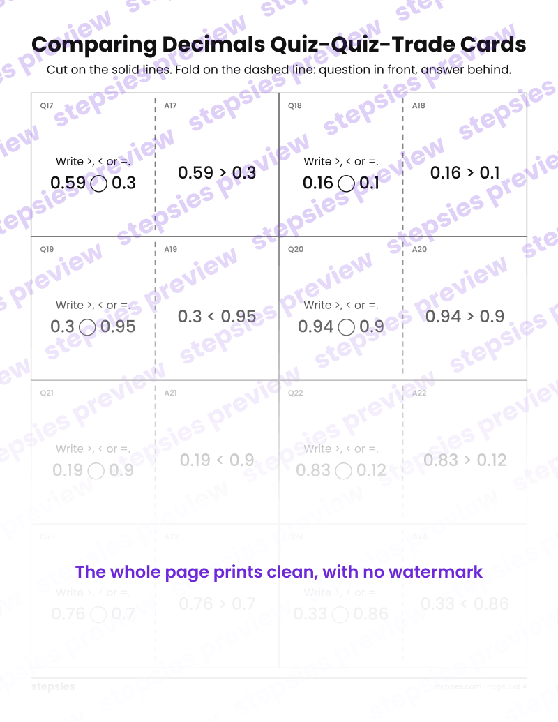 Comparing Decimals: Quiz-Quiz-Trade Cards: page 3