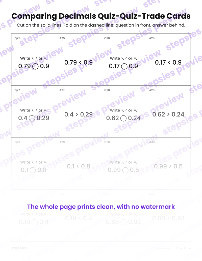 Comparing Decimals: Quiz-Quiz-Trade Cards: page 4