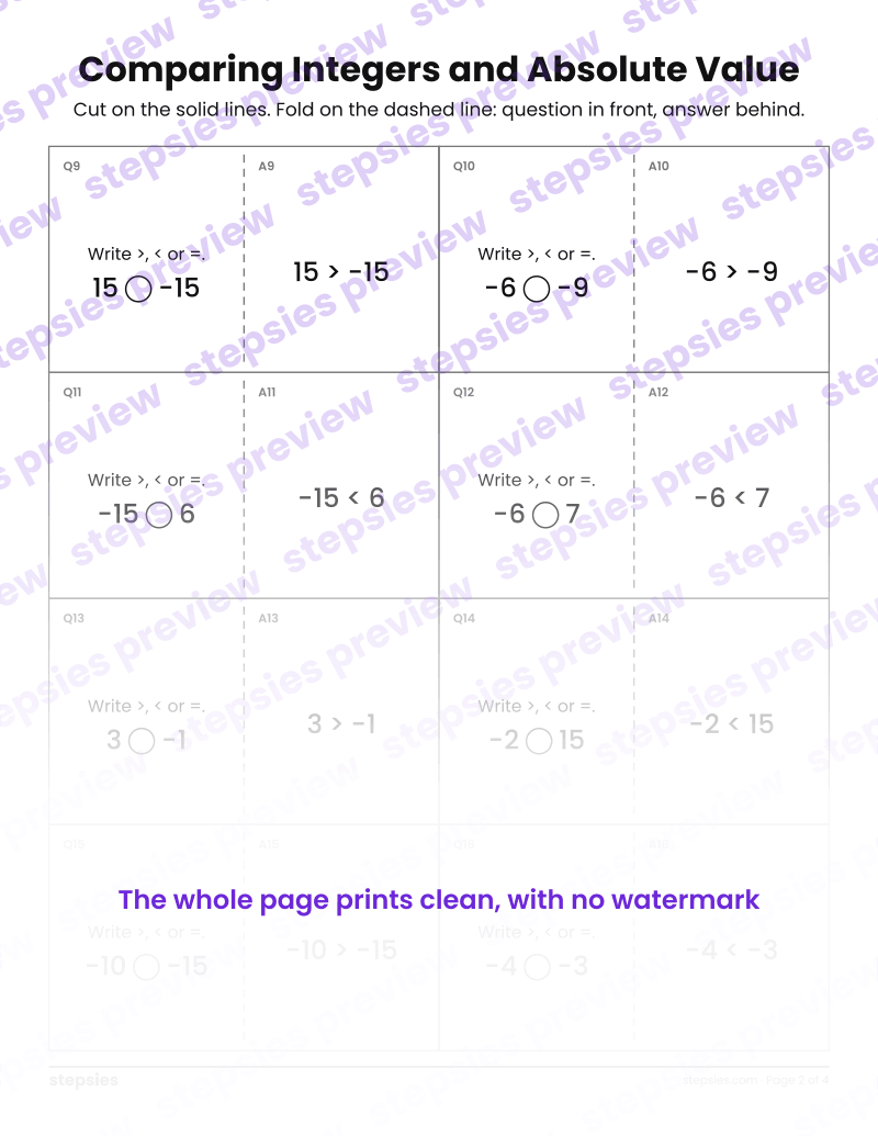 Comparing Integers and Absolute Value: Quiz-Quiz-Trade Cards: page 2