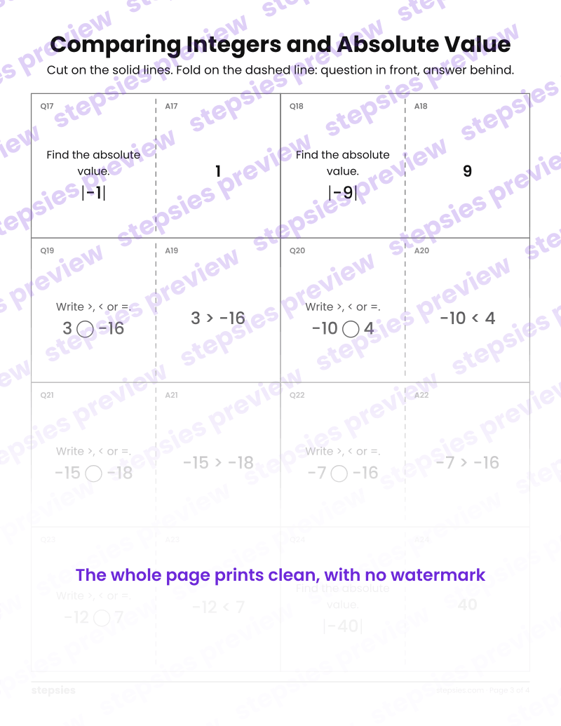 Comparing Integers and Absolute Value: Quiz-Quiz-Trade Cards: page 3