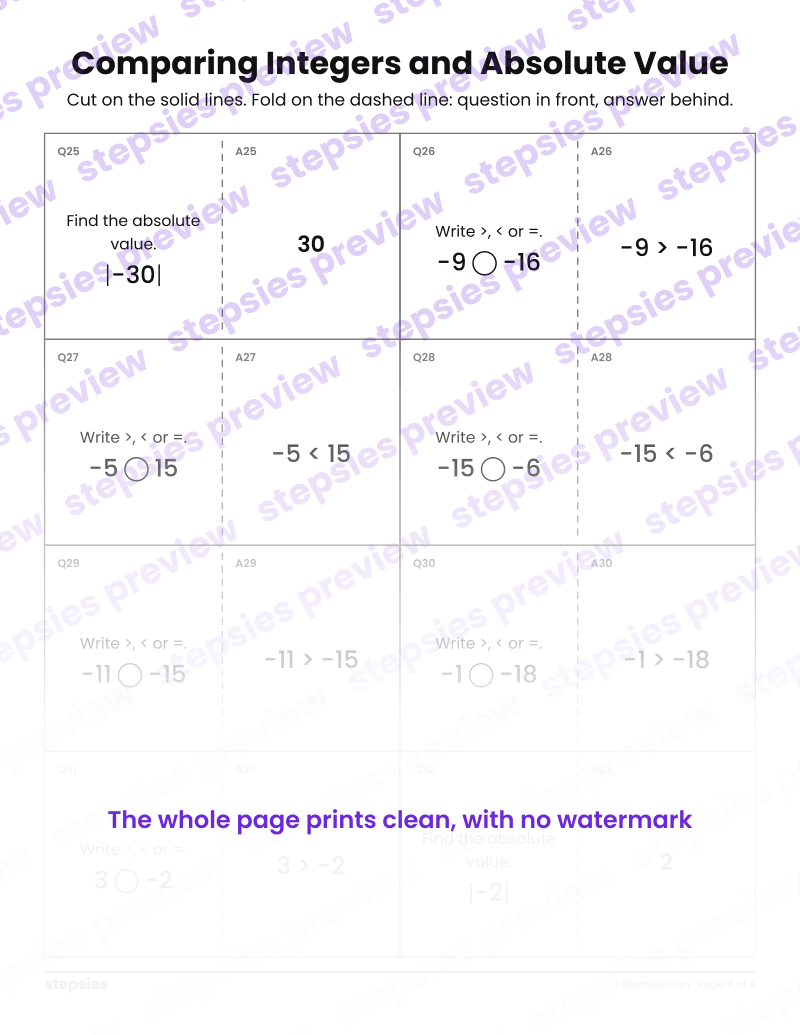 Comparing Integers and Absolute Value: Quiz-Quiz-Trade Cards: page 4