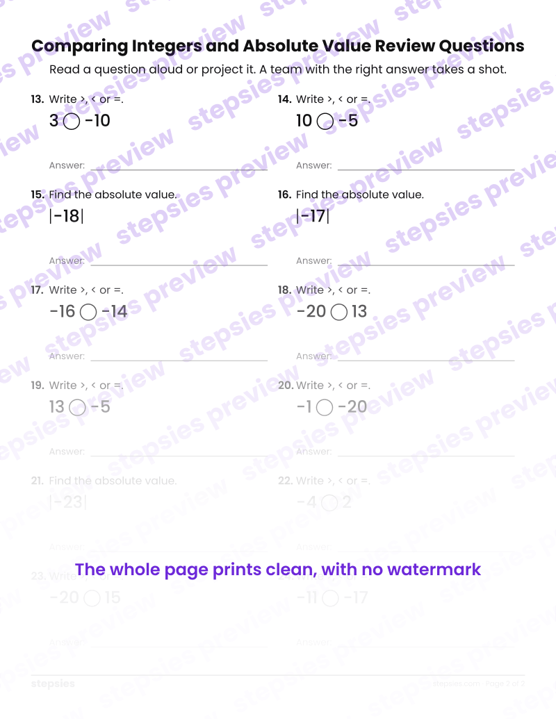 Comparing Integers and Absolute Value: Trashketball Review Questions: page 2