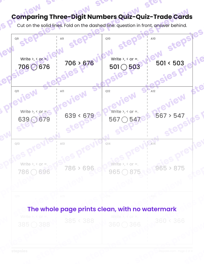 Comparing Three-Digit Numbers: Quiz-Quiz-Trade Cards: page 2