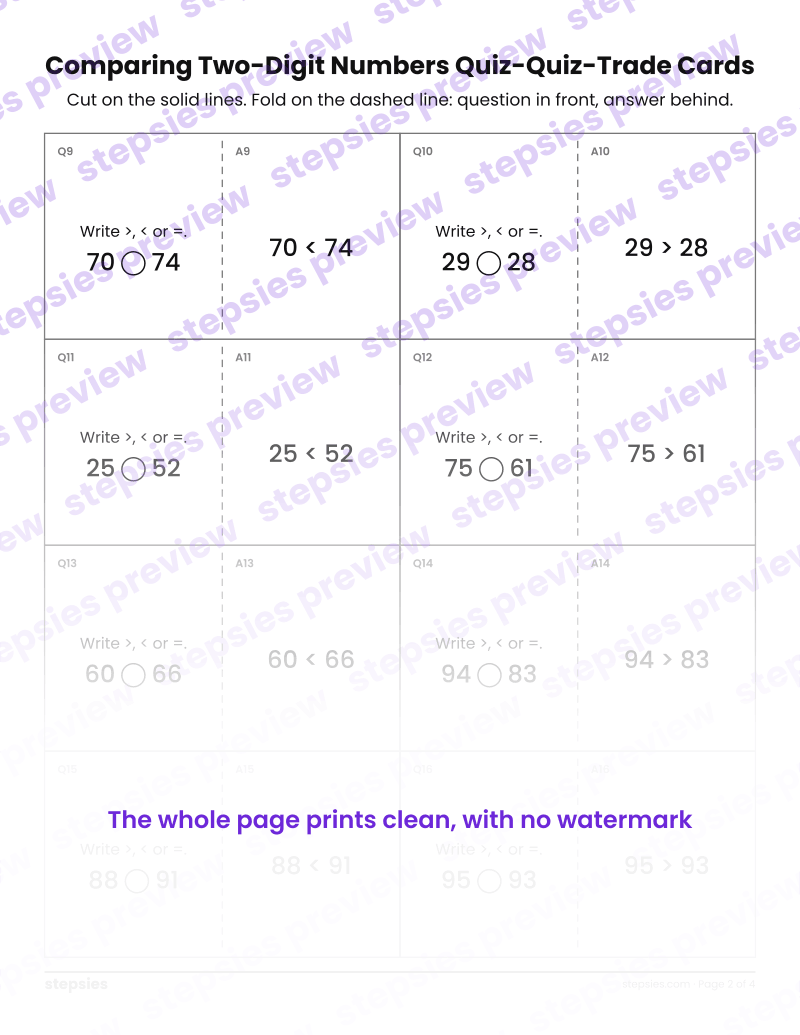Comparing Two-Digit Numbers: Quiz-Quiz-Trade Cards: page 2