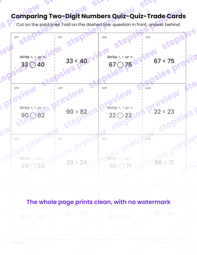 Comparing Two-Digit Numbers: Quiz-Quiz-Trade Cards: page 3