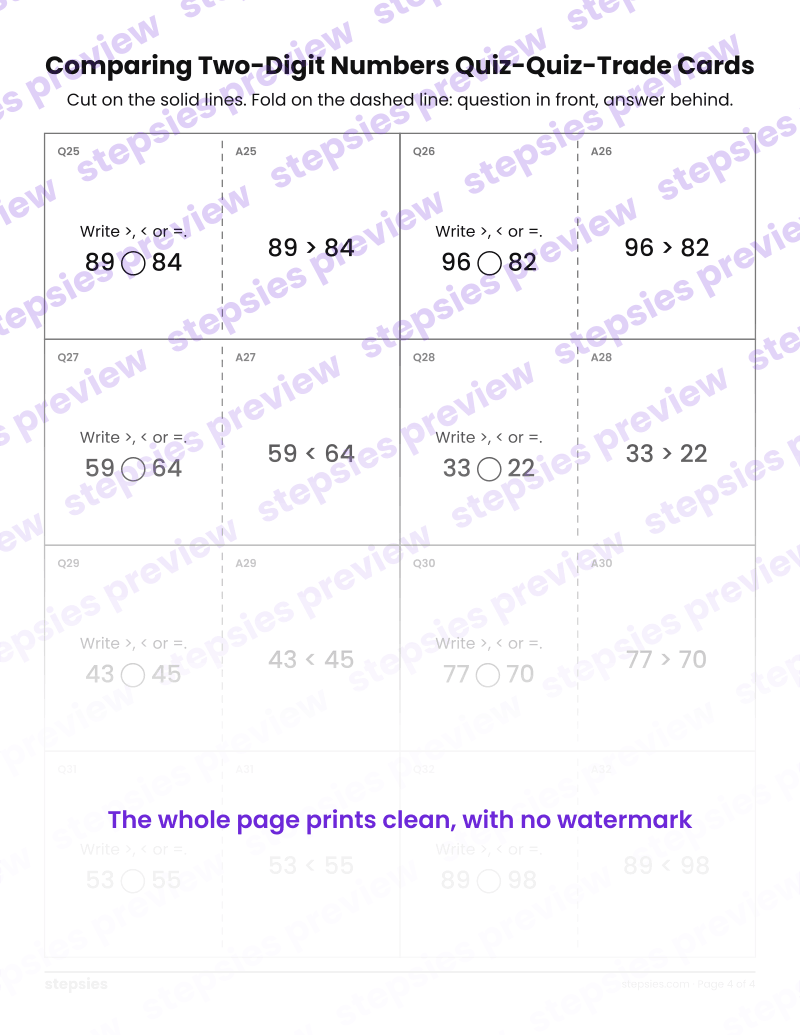 Comparing Two-Digit Numbers: Quiz-Quiz-Trade Cards: page 4