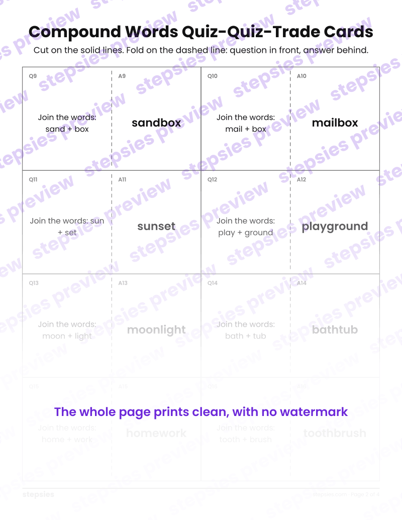 Compound Words: Quiz-Quiz-Trade Cards: page 2