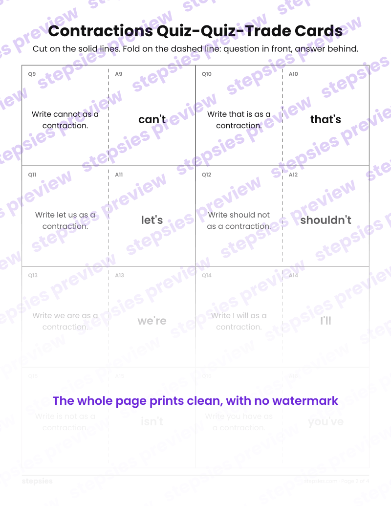 Contractions: Quiz-Quiz-Trade Cards: page 2