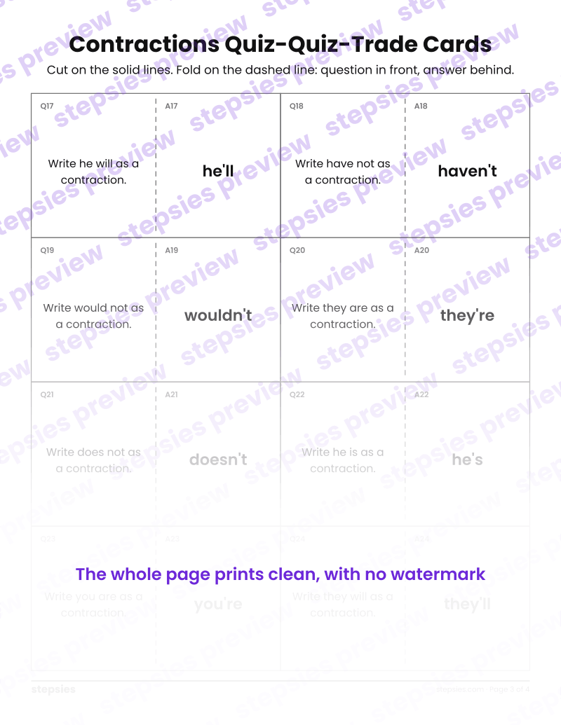 Contractions: Quiz-Quiz-Trade Cards: page 3