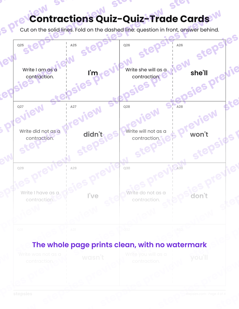 Contractions: Quiz-Quiz-Trade Cards: page 4