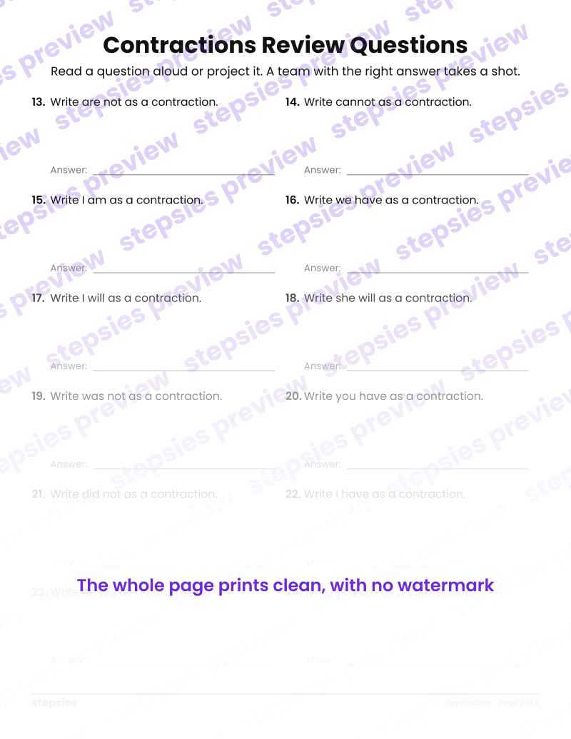 Contractions: Trashketball Review Questions: page 2