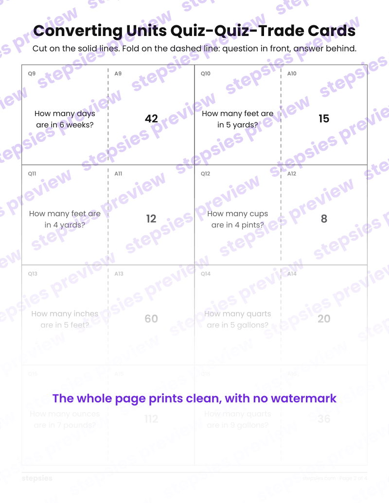 Converting Units: Quiz-Quiz-Trade Cards: page 2