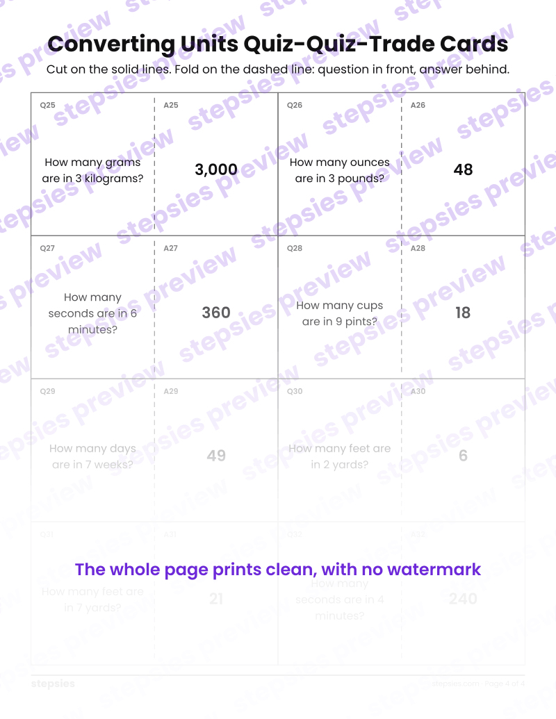 Converting Units: Quiz-Quiz-Trade Cards: page 4