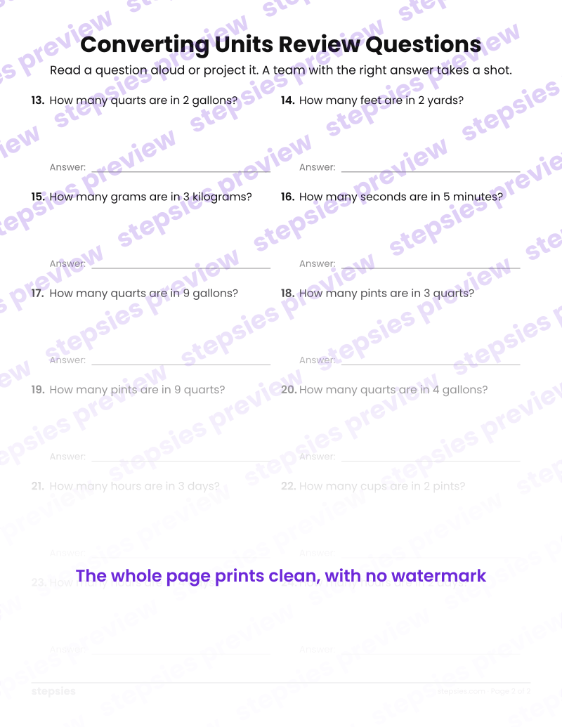 Converting Units: Trashketball Review Questions: page 2