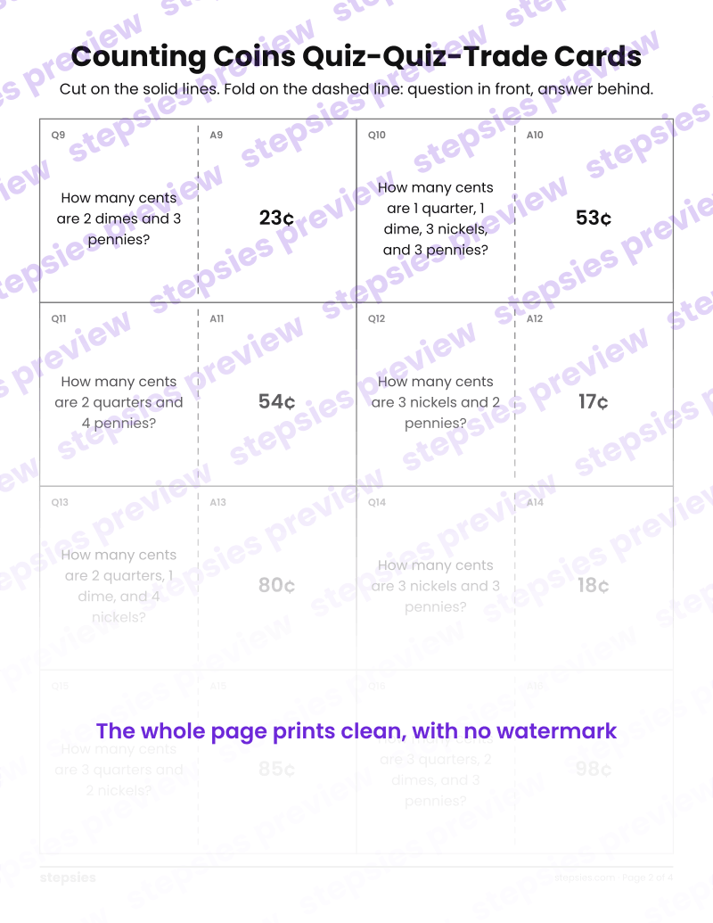 Counting Coins: Quiz-Quiz-Trade Cards: page 2
