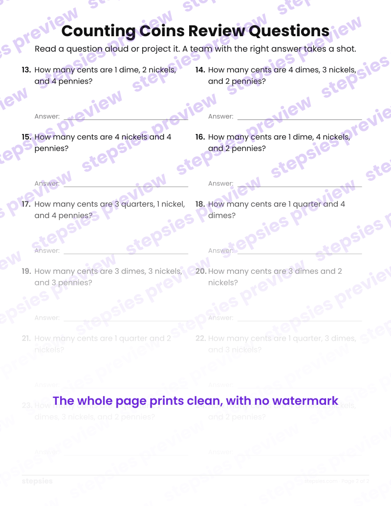 Counting Coins: Trashketball Review Questions: page 2