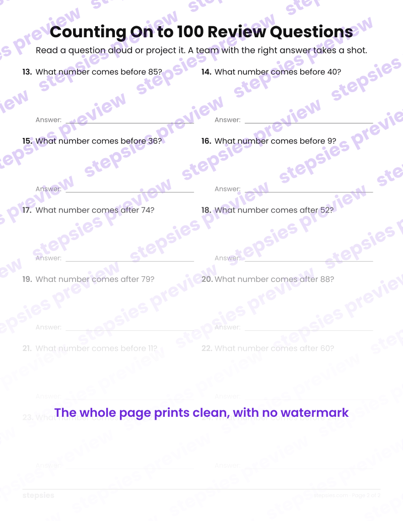 Counting On to 100: Trashketball Review Questions: page 2