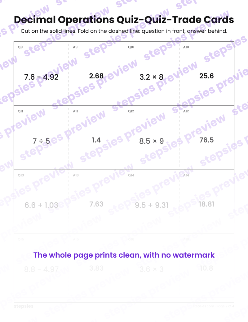 Decimal Operations: Quiz-Quiz-Trade Cards: page 2