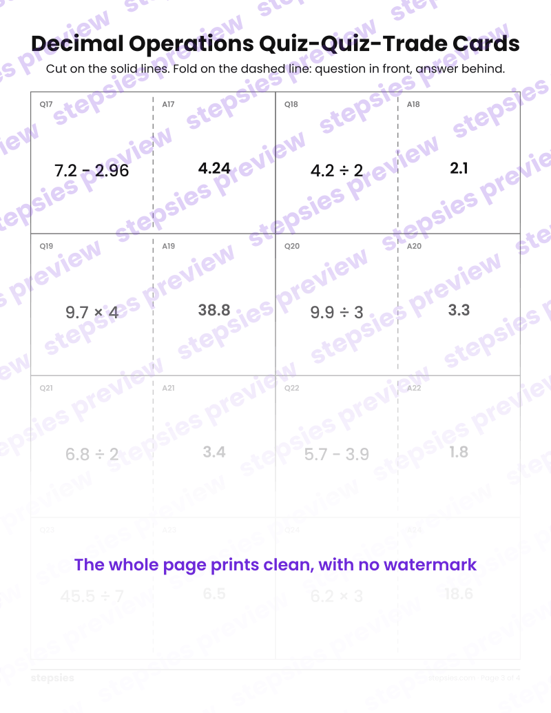 Decimal Operations: Quiz-Quiz-Trade Cards: page 3