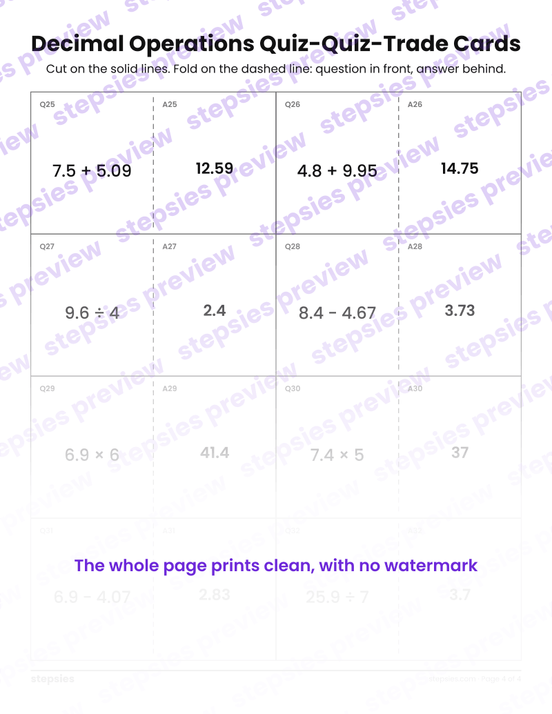 Decimal Operations: Quiz-Quiz-Trade Cards: page 4