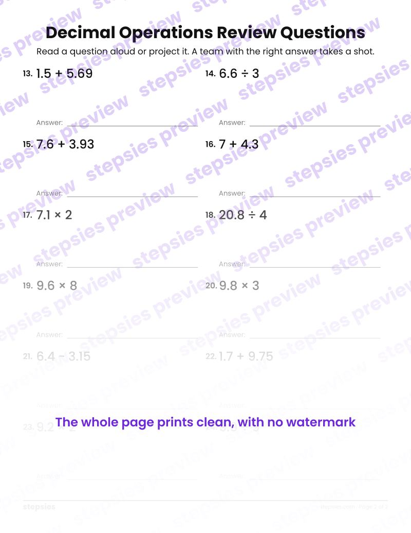 Decimal Operations: Trashketball Review Questions: page 2