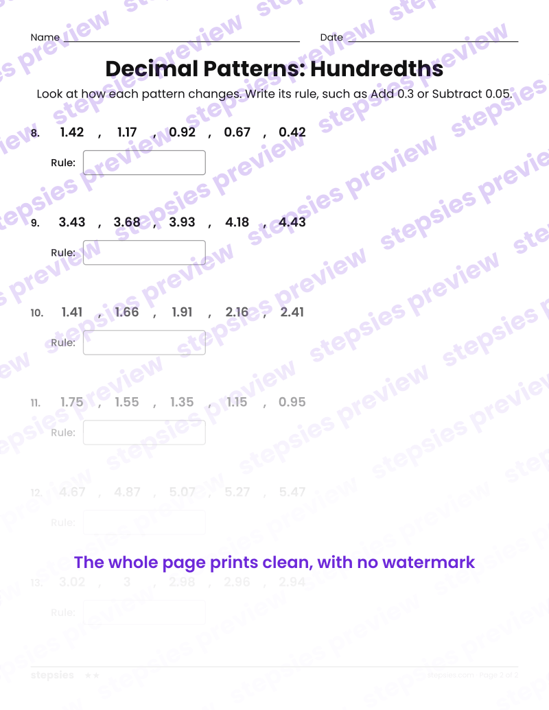 Decimal Patterns: Hundredths: page 2