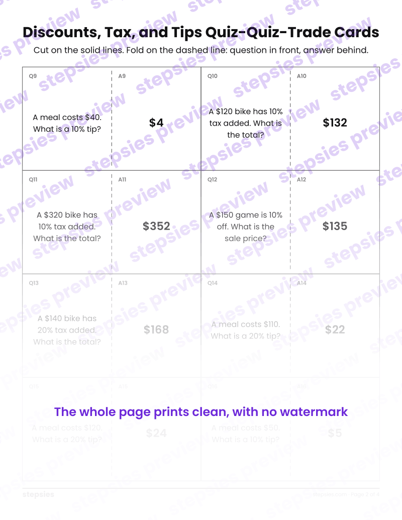 Discounts, Tax, and Tips: Quiz-Quiz-Trade Cards: page 2